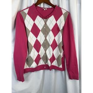 Talbots Cardigan Sweater Women's Hot Pink Academia Scalloped Edges XL Y2K Preppy